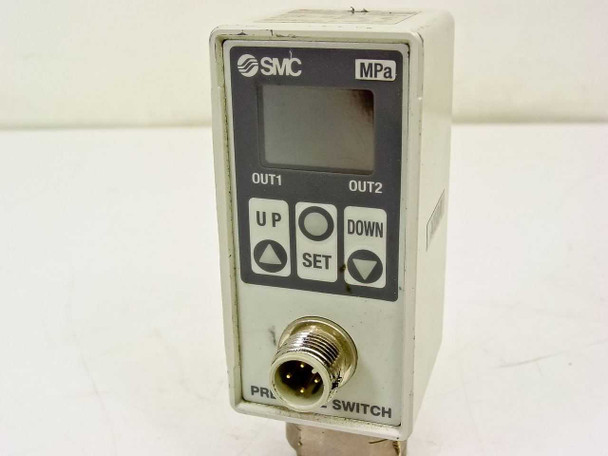 SMC ISE70-N02-43 Pressure Switch – front left angle view showing full housing, display panel, and M12 circular connector