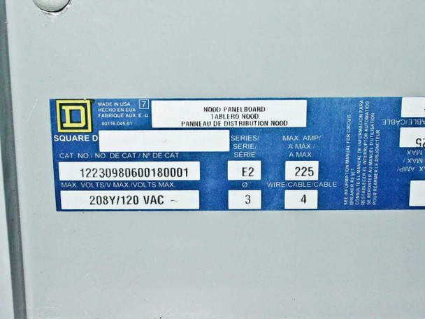 Square D NQOD panelboard interior label — Cat No. 12230980600180001, Series E2, 225A max, 208Y/120 VAC, 3-phase