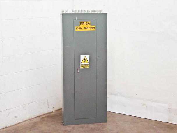 Square D NQOD 80045-104-01 225A sub panel front view — closed door with RP-2A 225A 208/120V label and electrical hazard warning