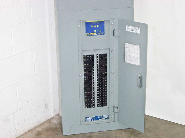 Square D NQOD panelboard with upper door open showing full breaker array, blue rating label, and circuit directory card on door