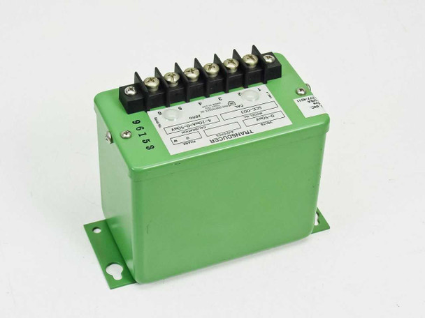 Ohio Semitronics SCE-003 transducer — rear and side angled view showing mounting flanges and terminal wiring positions