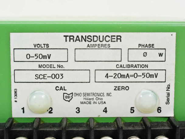 Ohio Semitronics SCE-003 close-up of label showing model number, 0-50mV volts range, 4-20mA calibration, CAL and ZERO trimmers, and terminals 1-6
