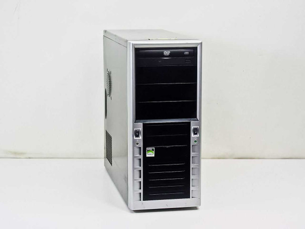 AMD Sempron 2600+ MSI K8MM desktop tower PC – front left three-quarter view showing silver and black mid-tower case with DVD-ROM drive