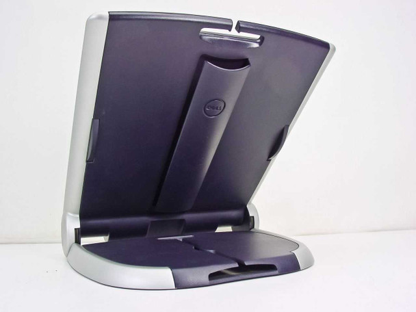 Dell 7W762 D-View docking station — rear three-quarter view with support arm extended, Dell logo on arm