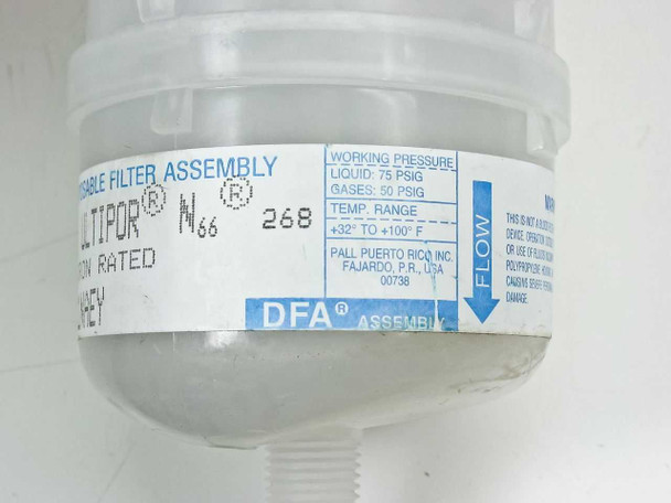 Close-up of Pall Ultipor N66 DFA filter label showing working pressure ratings (liquid 75 PSIG, gas 50 PSIG), temperature range +32°F to +100°F, Pall Puerto Rico Inc. Fajardo PR