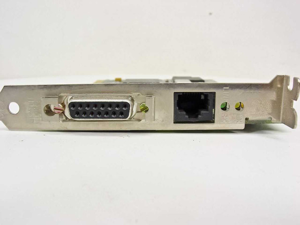 Intel EtherExpress 16TP PCLA8120 — bracket end-on view showing DB-15 AUI connector, RJ-45 port, and two indicator LEDs