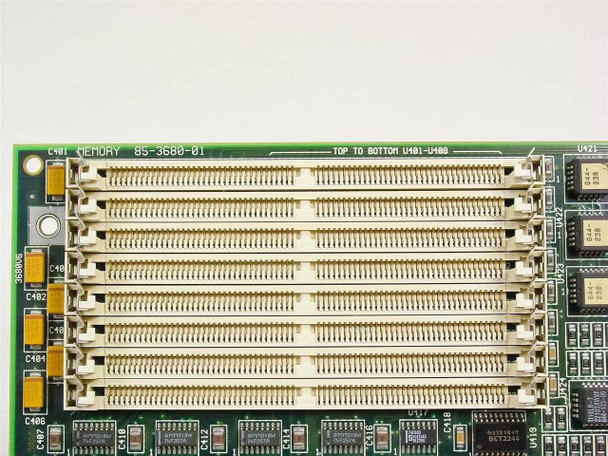 Zenith 85-3680-01 Memory Board – close-up of left SIMM bank section with slot labels TOP TO BOTTOM U401-U408