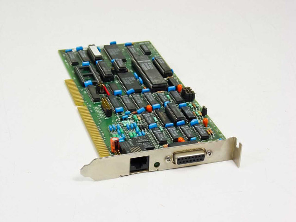 Networth EtherNext PCB 1012-1 8/16-Bit ISA UTP Ethernet NIC – angled top view showing component side with RJ-45 and DB-15 bracket ports