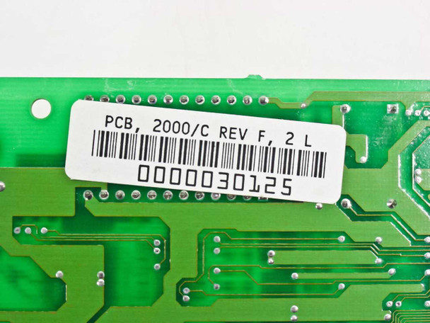 Artisoft PCB 2000/C Rev F close-up of PCB label showing text PCB 2000/C REV F 2L and serial barcode 0000030125