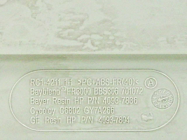 HP Q7817A plastic material markings on underside: RC1-4211, Bayblend FR3000, HP P/N 4093-7836 and 4093-7804