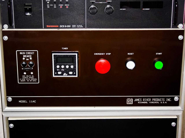 James River Products Inc. Model 11AC Timer Controller front panel – Main Circuit Breaker, digital timer, Emergency Stop, Reset, and Start buttons