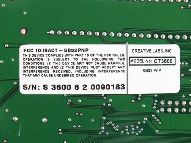 Creative Labs CT3600 Sound Blaster 32 ISA sound card — front view showing 3.5mm audio jacks and MIDI/game port