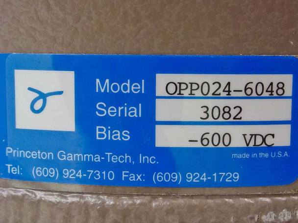 PGT PRISM60 OPP024-6048 rating label showing Model OPP024-6048, Serial 3082, Bias -600 VDC, Princeton Gamma-Tech Inc.