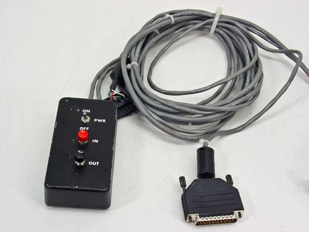 PGT PRISM60 control box with power cable and DB25 connector — front shows PWR toggle switch, red IN button, and OUT toggle