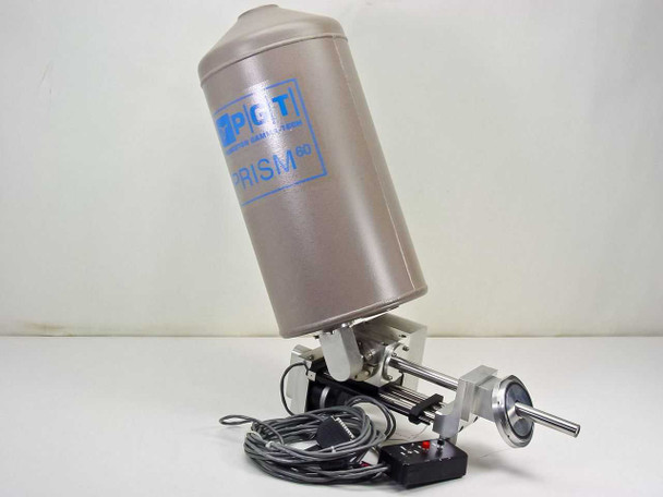 Princeton Gamma-Tech PGT PRISM60 EDS X-ray detector on motorized positioning stage, left side view showing detector body and control cable