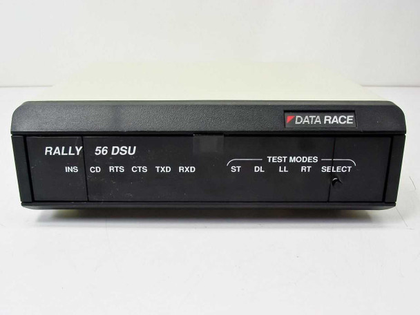 Data Race Rally 56 DSU 30-1056V2 — straight-on front panel view showing RALLY 56 DSU label, LED indicators INS CD RTS CTS TXD RXD, and TEST MODES selector ST DL LL RT
