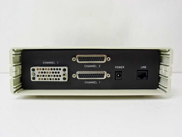 Data Race Rally 56 DSU 30-1056V2 — straight-on rear panel view showing Channel 1 DB-25 port, Channel 2 DB-25 port, DC power jack, and line port