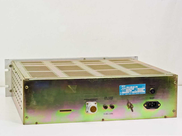 Riber HEED 510 Optical Power Unit — rear panel view showing multi-pin circular deflection connector, focus coil outputs, IEC power inlet, and blue Riber rating label