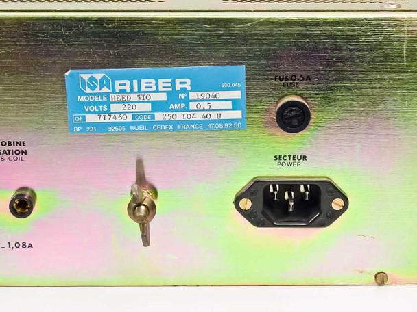 Riber HEED 510 rear panel right section — close-up of Riber rating label, IEC C14 power inlet labeled 'SECTEUR POWER', key switch, and FUS 0.5A fuse holder