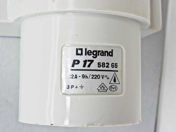 Legrand P17 58265 connector label closeup: 32A-9h/220V, 3P+E, OVE and D/E certification marks visible