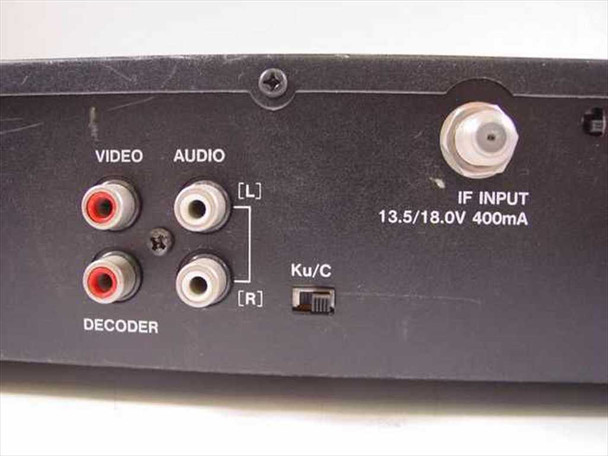 HI-MAXX RF-100 rear panel close-up showing VIDEO, AUDIO L/R, DECODER RCA jacks, Ku/C band selector switch, and IF INPUT 13.5/18.0V 400mA connector