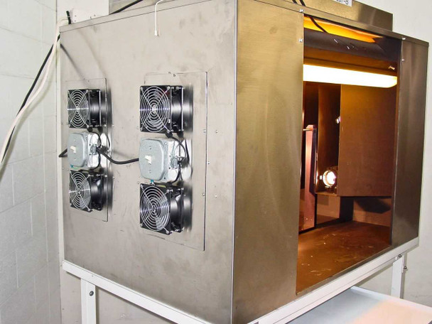Left side panel of CRP L-207-B stainless chamber showing 4 external cooling fans mounted in 2x2 array with motor housings