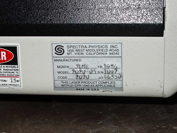 Spectra-Physics 2020-05 manufacturer label showing Model 2020-05, S/N 1097, Code 2020, manufactured June 1986, 1.5W rating, Made in USA