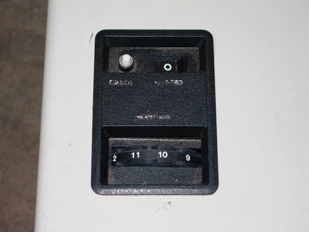 Spectra-Physics Series 2000 control panel end showing Power button, Shutter toggle switch, and rotary wheel selector with positions 9, 10, 11, 2