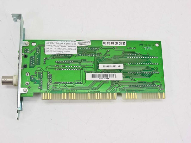 Kingston KNE2021LC ISA Ethernet card — solder side showing PCB traces, board revision label 0029215-002 A01, and MAC address 00 C0 F0 00 C8 37