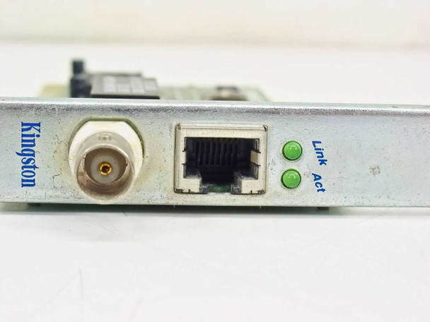 Kingston KNE2021LC bracket detail — BNC coax connector (10Base-2) and RJ45 port (10Base-T) with two green Link/Act LED indicators
