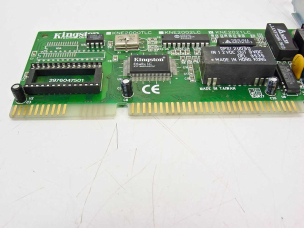 Kingston KNE2021LC ISA Ethernet card — angled front view showing full board layout, Kingston branding, component side with ISA gold-finger edge connector