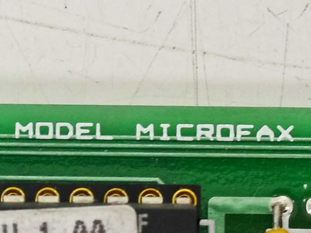 Close-up of Datacopy Microfax PCB silkscreen label reading MODEL MICROFAX