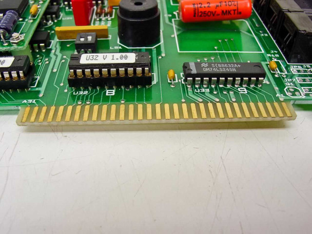 Close-up of Datacopy Microfax PCB edge showing U32 V1.00 ROM chip and SN74LS245N logic IC