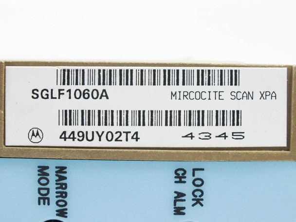 Motorola SGLF1060A label showing model number SGLF1060A, MIRCOCITE SCAN XPA designation, and serial 449UY02T4