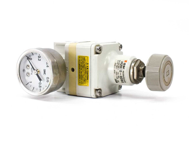 SMC IR2020-02BG Precision Regulator full unit side view with gauge on left and adjustment knob on right