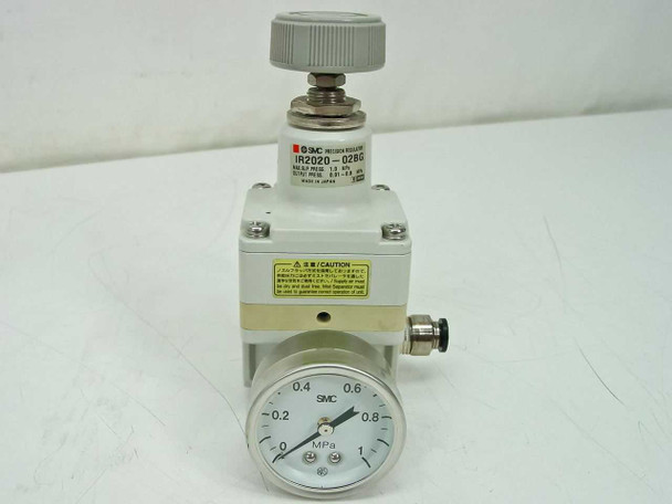 SMC IR2020-02BG Precision Regulator front view with 0–1 MPa gauge attached and adjustment knob on top