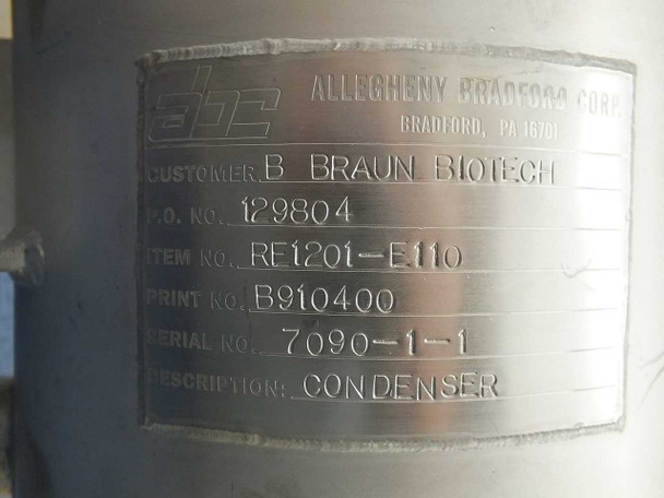 Allegheny Bradford Corp customer label — customer B Braun Biotech, item RE1201-E110, print B910400, serial 7090-1-1, description: Condenser