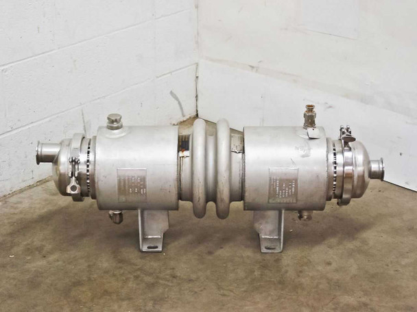 Adsco SXXNCX00 stainless shell and tube condenser heat exchanger — full unit, front three-quarter view showing both end caps, bellows expansion joint, and mounting feet