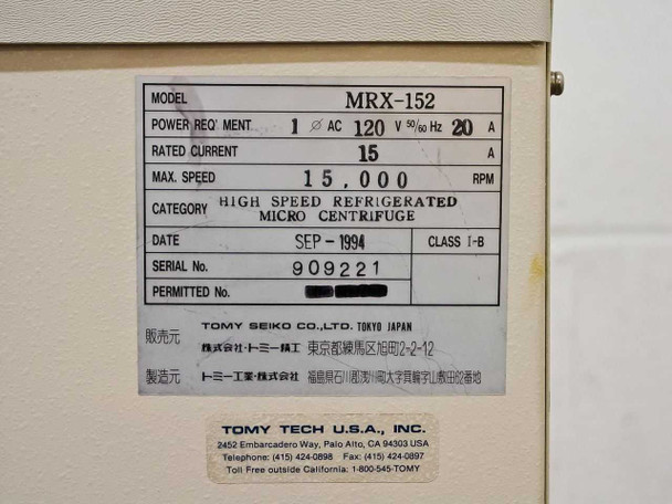 Tomy MRX-152 rating plate label – model, 120V 20A power, 15000 RPM max speed, September 1994 manufacture date, serial 909221