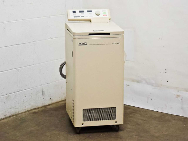 Tomy MX-160 high speed refrigerated micro centrifuge – front three-quarter view showing full unit on casters with control panel on top