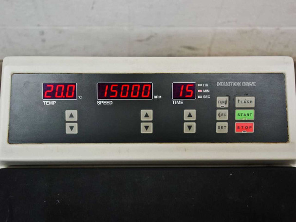 Tomy Seiko MRX-151 front control panel — digital LED displays showing TEMP 20.0°C, SPEED 15000 RPM, TIME 15; FUN, FLASH, SEL, START, SET, STOP buttons
