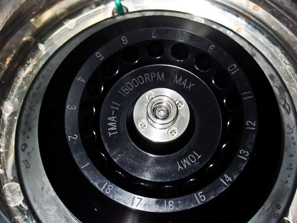 TMA-11 rotor close-up — labeled 15000RPM MAX, 18-position microcentrifuge rotor