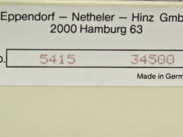 Eppendorf 5415C rating plate close-up showing model 5415, serial 34500, Made in Germany — Eppendorf Netheler Hinz GmbH Hamburg