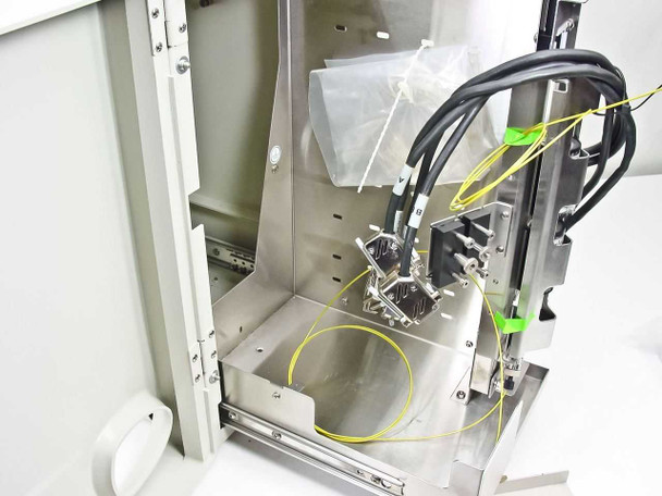 ESA 5600A CoulArray Detector interior showing internal plumbing connections, cables, and stainless steel chassis with yellow tubing