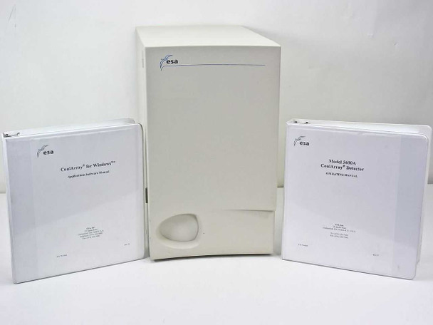 ESA 5600A CoulArray Detector Organizer front view with two white binder manuals flanking the unit