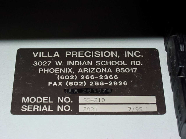 Villa Precision Inc name plate showing Model No. GS-210, Serial No. 2021, dated 7/95, Phoenix Arizona manufacturer label