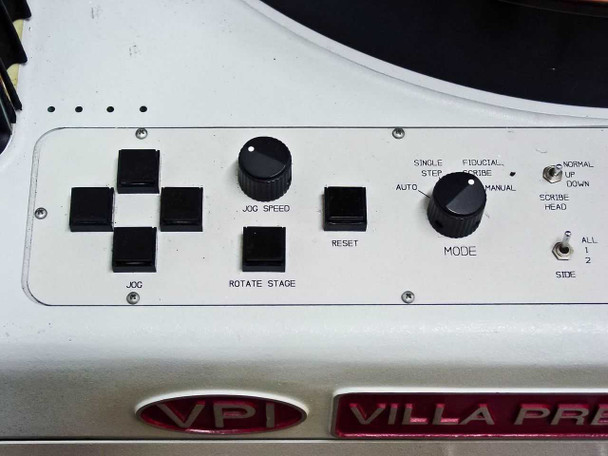 Villa Precision GS-210 front operator panel showing jog controls, jog speed knob, rotate stage button, reset, mode selector (Auto/Single Step/Fiducial/Manual), and scribe head switches