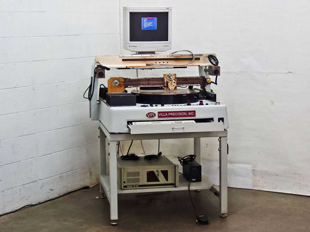 Villa Precision GS-210 automatic glass scribing system full front view with VPI label, rotating stage, scribing arm, and Industrial PC-610 computer on top