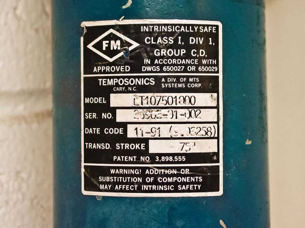 MTS Temposonics LT107501000 nameplate label showing FM intrinsically safe Class I Div 1 Group C/D approval, model number, serial number, date code 11-91, and 75-inch transducer stroke