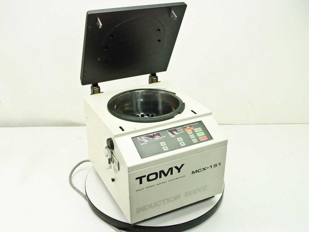 Tomy MCX-151 High Speed Micro Centrifuge – three-quarter front view with lid open showing TMA-11 rotor inside chamber